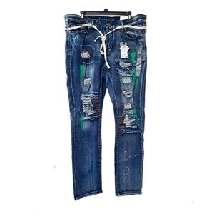 Rue21 Premium Skinny Jeans Distressed Patched Paint Splatter Blue 30 X 30